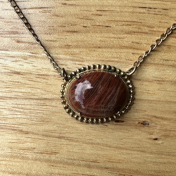 VTG Tie Bar Clip 3 Inch Chain Agatized Arizona Petrified Wood Cab Gem Gold Plate - Picture 4 of 7